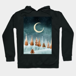 Magic winter forest watercolor illustration. Gingerbread Christmas trees winter landscape. Fantasy Candy world moonlight scenery. Cookie trees Hoodie